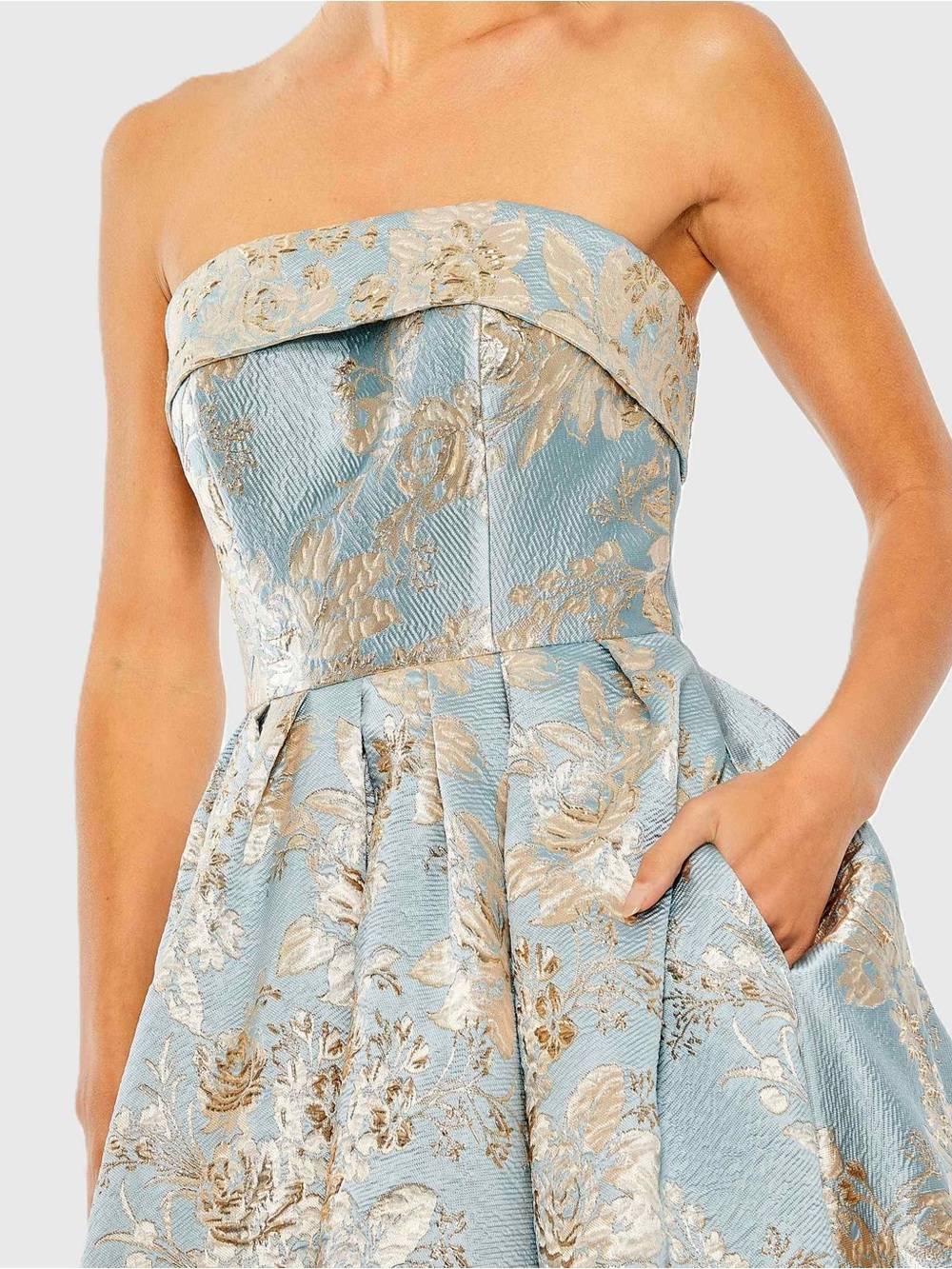 Mac Duggal 20726 Blue Strapless Brocade Midi Dress sz 14 NWOT - Picture 3 of 10